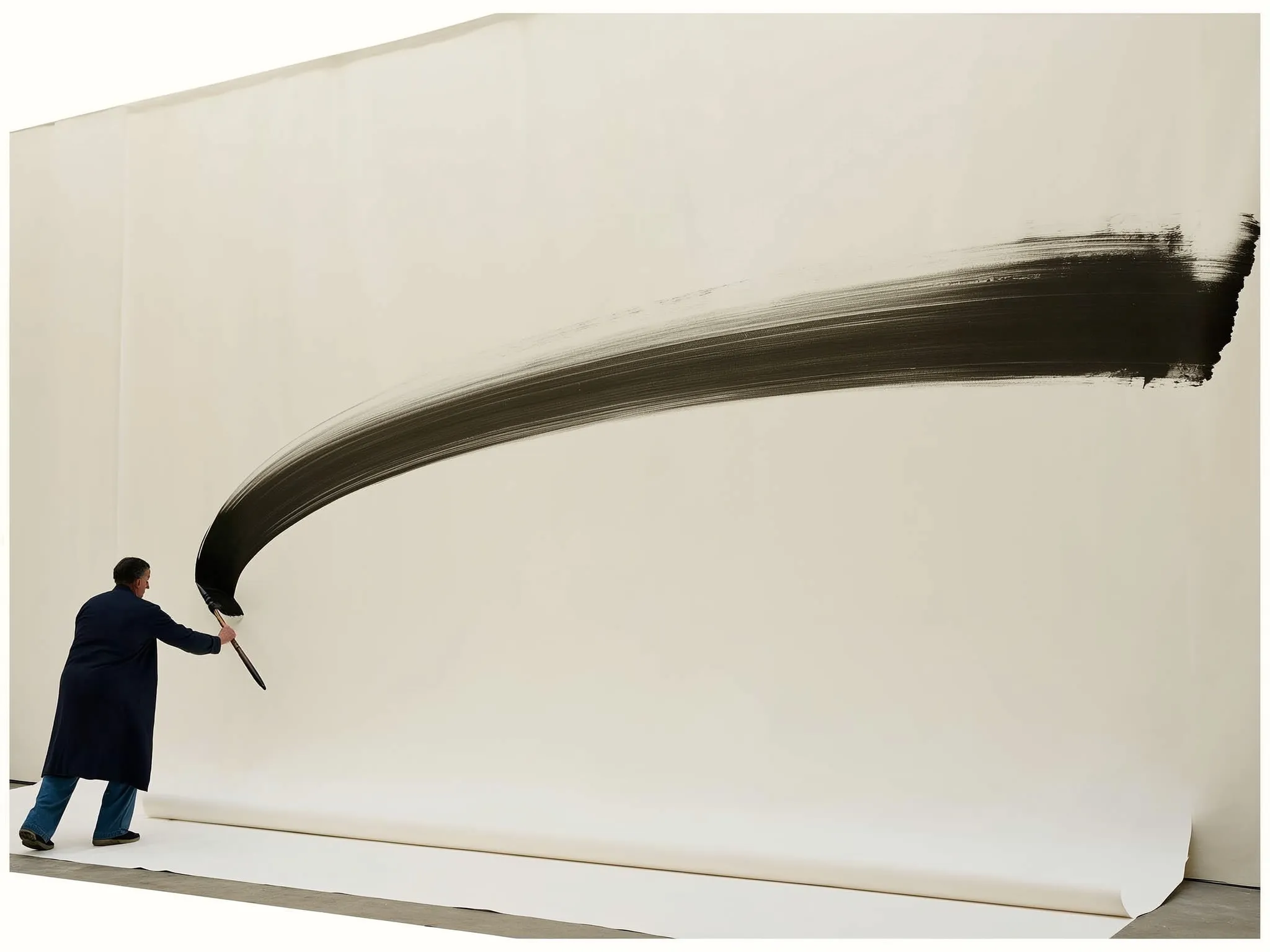 A calligrapher making one large gestural brushstroke of ink across paper on the floor