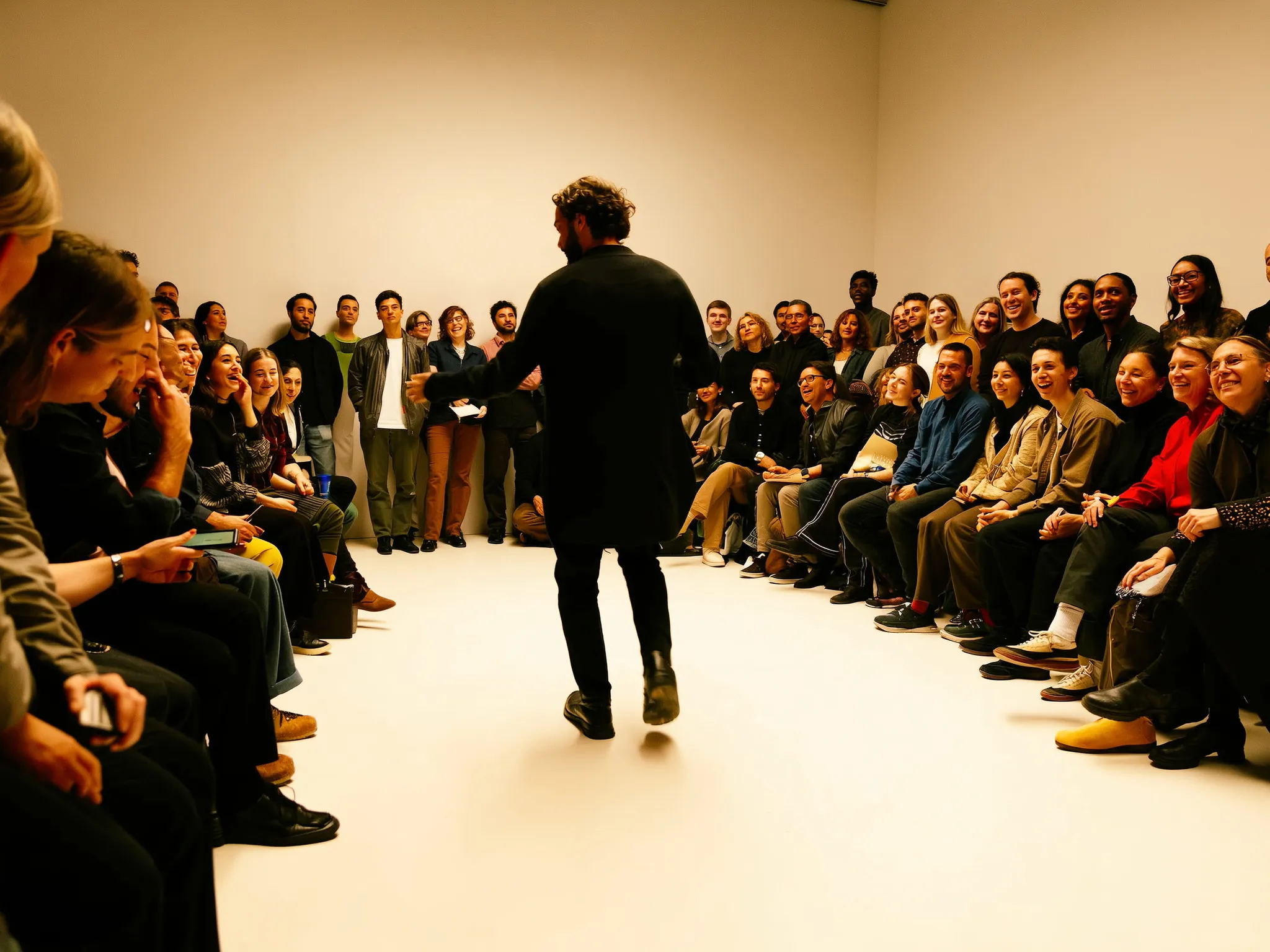 A poet performing surrounded by a standing audience in a contemporary venue
