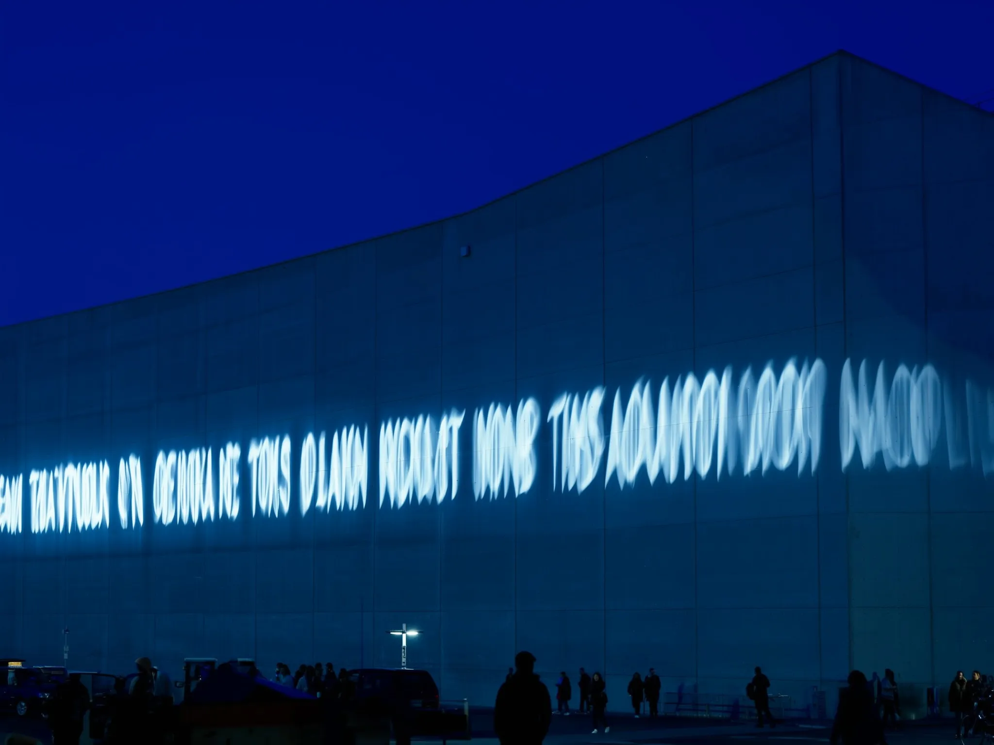 Lines of projected text sweeping across a building facade at night as people watch from below