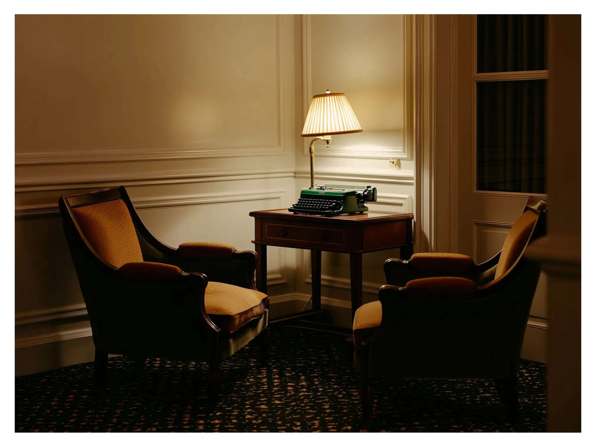 A quiet hotel corner with a green typewriter on a wooden desk between two armchairs