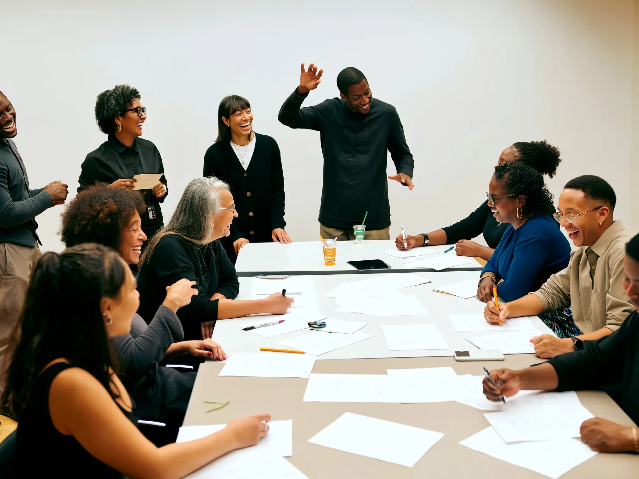 A group talking and writing together around a large table during a workshop